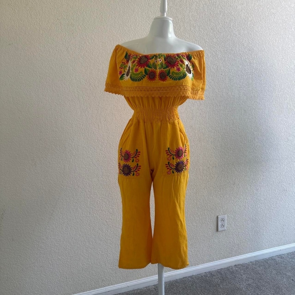Yellow cotton off the shoulder Mexican jumpsuit with floral embroidery